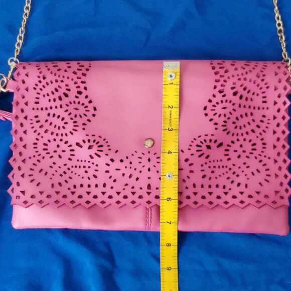 Yoki pink laser cut soft faux leather crossbody bag wristlet clutch - Picture 11 of 16